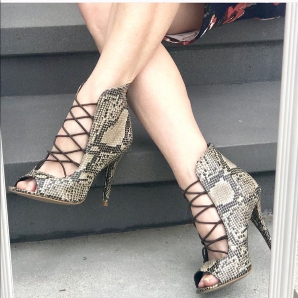 MIA Faux Snakeskin Open Toe Bootie Heels